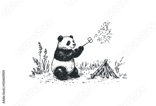 Panda roasting marshmallow by campfire in whimsical black and white sketch. Vector retro hand drawn illustration