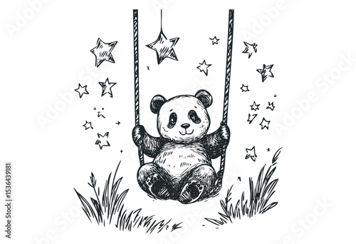 Cute panda on swing with stars in playful sketch style. Vector retro hand drawn illustration