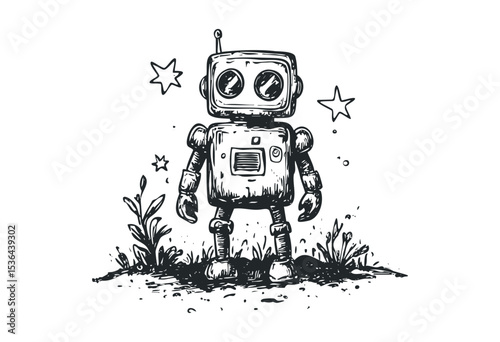 Cute vintage robot illustration with stars and plants. Vector retro hand drawn illustration