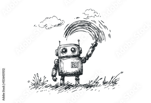 Hand-drawn robot sketch with antennas and clouds in cartoon style. Vector retro hand drawn illustration