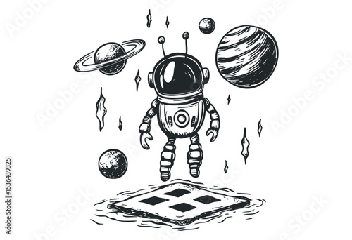 Space robot adventure with planets and stars in a monochrome design. Vector retro hand drawn illustration