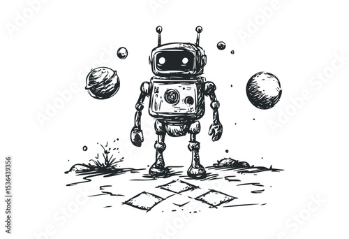 Sketch of a robot in a planetary landscape with floating spheres. Vector retro hand drawn illustration