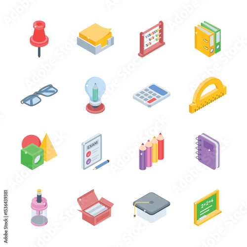 Get this handy bundle of school supplies isometric style icons