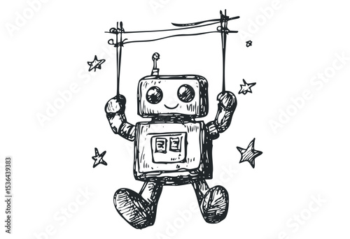 Playful sketch of a robot swinging amongst stars in a whimsical scene. Vector retro hand drawn illustration