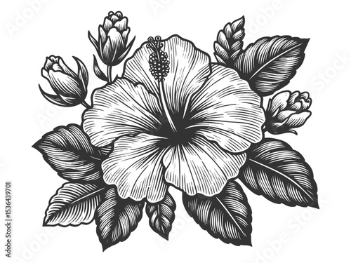 hibiscus flowers and leaves sketch engraving generative ai fictional character vector illustration. Scratch board imitation. Black and white image.