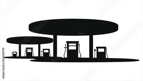 ( Gas Stations)Vector Silhouette of a Gas Station with Multiple Pumps/A clean, minimalist silhouette of a gas station.