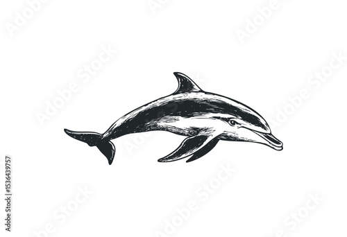 Hand-drawn dolphin swimming gracefully in sketch style. Vector retro hand drawn illustration