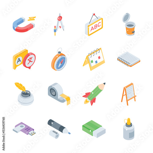 Get this handy bundle of school items isometric style icons