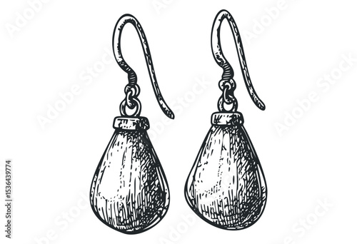 Hand-drawn teardrop earrings with hook design. Vector retro hand drawn illustration