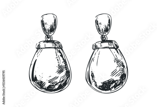 Hand-drawn teardrop earrings with detailed sketch design. Vector retro hand drawn illustration