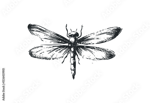 Detailed black and white dragonfly sketch with spread wings. Vector retro hand drawn illustration