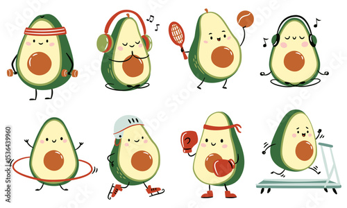 A set of flat vector illustrations in a simple children's style. Cute avocados with muzzles hands and feet are playing sports. Vector illustration
