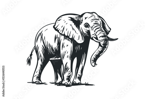 Intricate black and white sketch of a majestic elephant with trunk raised. Vector retro hand drawn illustration