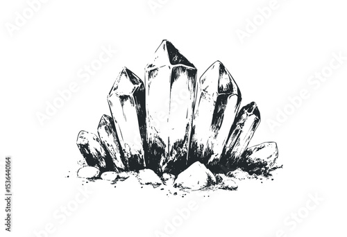 Hand-drawn quartz crystal cluster illustration with detailed shading. Vector retro hand drawn illustration