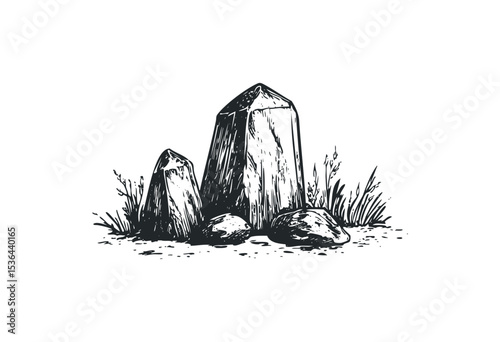 Monochrome graphic of tall angular stones with grass. Vector retro hand drawn illustration