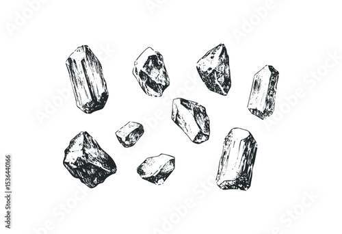 Hand-drawn mineral sketches displaying natural crystal structures. Vector retro hand drawn illustration