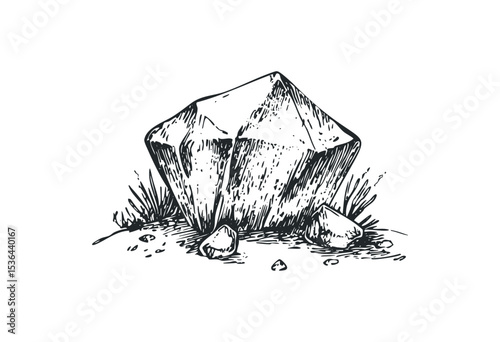Hand-drawn illustration of a faceted crystal with rocks and grass in monochrome. Vector retro hand drawn illustration