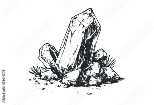 Detailed drawing of quartz crystals with sharp edges and natural texture. Vector retro hand drawn illustration