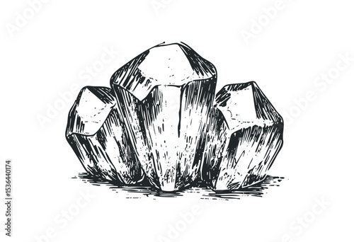 Detailed sketch of quartz crystals with intricate line shading. Vector retro hand drawn illustration