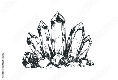 Sketch of quartz crystal cluster with detailed mineral textures. Vector retro hand drawn illustration