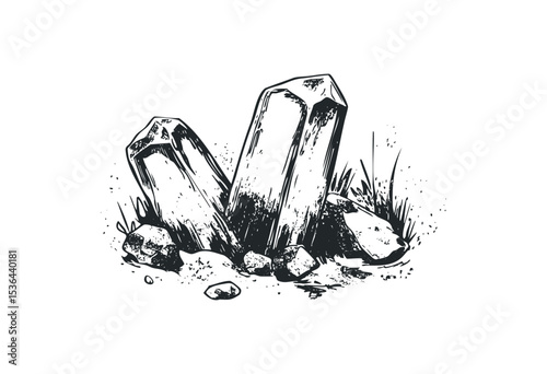 Hand-drawn crystal rocks and grass sketch. Vector retro hand drawn illustration
