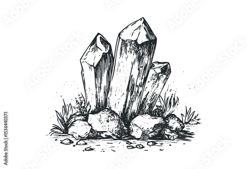 Detailed sketch of natural quartz crystal formation. Vector retro hand drawn illustration