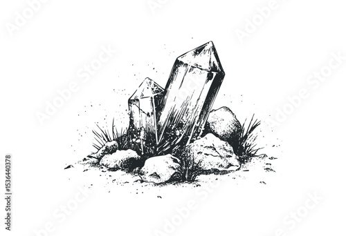 Monochrome crystal artwork with stones and grass elements. Vector retro hand drawn illustration
