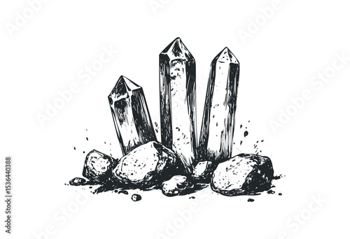 Hand-drawn mineral crystals with rough stones in monochrome design. Vector retro hand drawn illustration