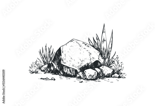 Detailed sketch of rocks and plants in natural setting. Vector retro hand drawn illustration