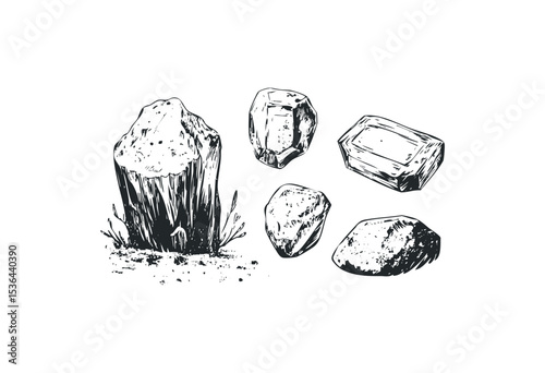 Hand-drawn sketch of various minerals and crystals in black and white. Vector retro hand drawn illustration