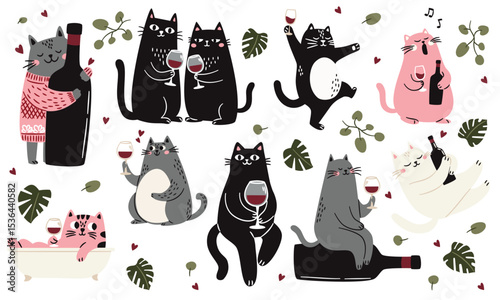 Cute Scandinavian style cats with a glass and a bottle of wine, singing and taking a bath monstera leaves and green plants. Flat vector illustrations on white background . Vector illustration