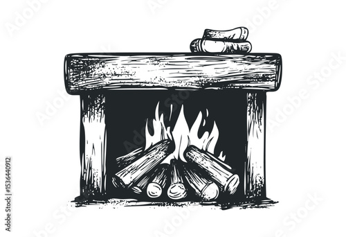 Rustic fireplace with burning logs and mantel sketch. Vector retro hand drawn illustration