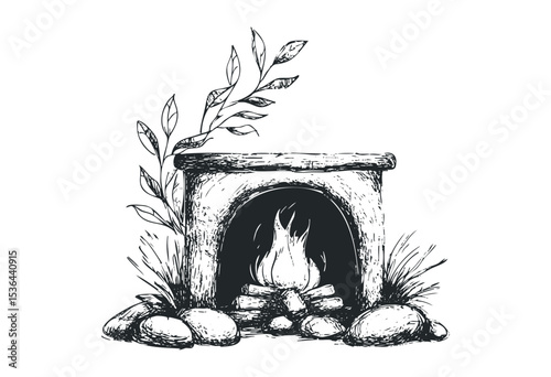 Hand-drawn stone fireplace with plants and firewood. Vector retro hand drawn illustration