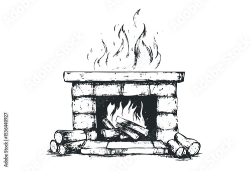 Rustic brick fireplace with logs and flames illustration. Vector retro hand drawn illustration