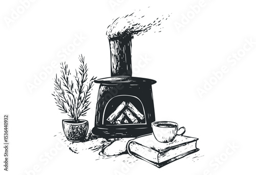 Cozy home: hand-drawn stove with plant, book, and cup of tea. Vector retro hand drawn illustration
