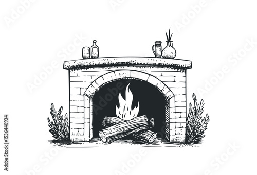 Hand-drawn fireplace with logs and decorative vases. Vector retro hand drawn illustration