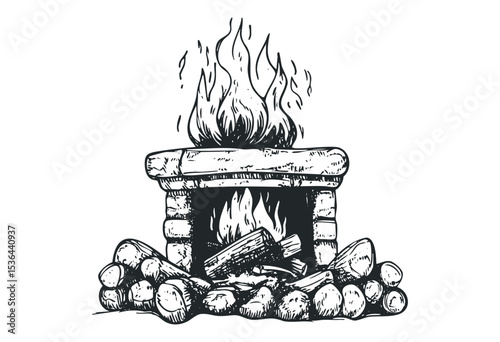 Hand-drawn rustic fireplace with burning logs and fire illustration. Vector retro hand drawn illustration