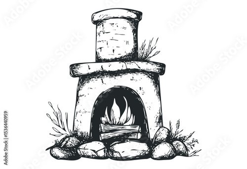 Stone fireplace sketch with burning fire and rocks. Vector retro hand drawn illustration