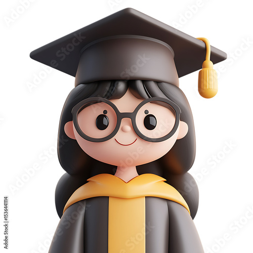 PNG 3D Render Graduate Female Student Graduation Cap Glasses Achievement Success Education Icon against transparent Background