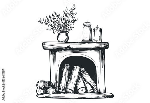 Hand-drawn rustic fireplace with logs and candles. Vector retro hand drawn illustration