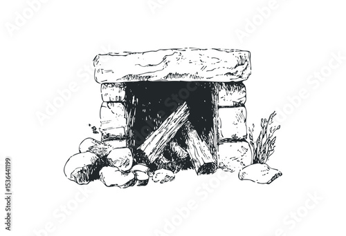 Hand-drawn stone fireplace with logs and kindling. Vector retro hand drawn illustration