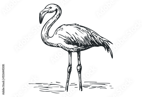 Elegant flamingo drawing showcasing detailed feathers and graceful stance. Vector retro hand drawn illustration