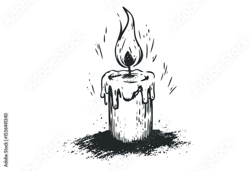 Hand-drawn melting candle with flame and detailed wax drips. Vector retro hand drawn illustration