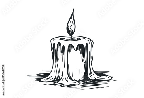 Hand-drawn melting candle with dripping wax and flame in sketch style. Vector retro hand drawn illustration