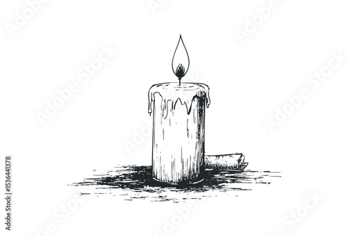 Hand-drawn illustration of a burning candle with dripping wax on a white surface. Vector retro hand drawn illustration