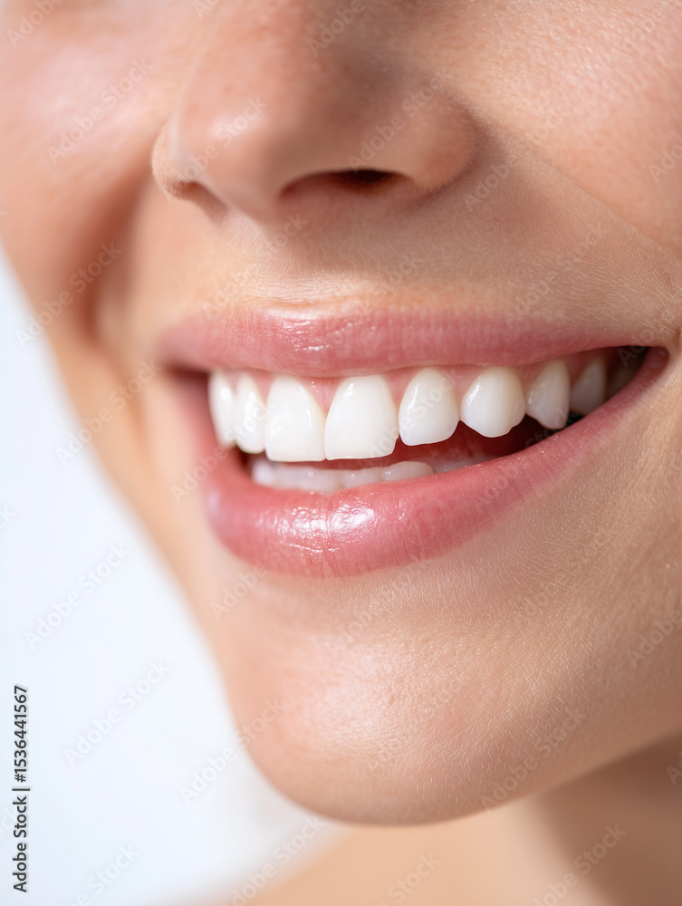 Fototapeta premium Close-up of a smiling woman with perfect white teeth, , clinical lighting, high resolution, sharp focus on teeth, clean white background, dental aesthetics, professional medical photography