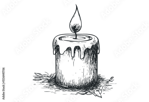 Hand-drawn sketch of a lit candle with dripping wax and foliage. Vector retro hand drawn illustration