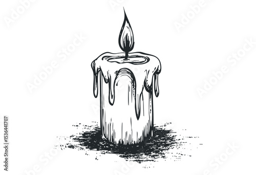 Hand-drawn dripping candle with melting wax and flame design. Vector retro hand drawn illustration