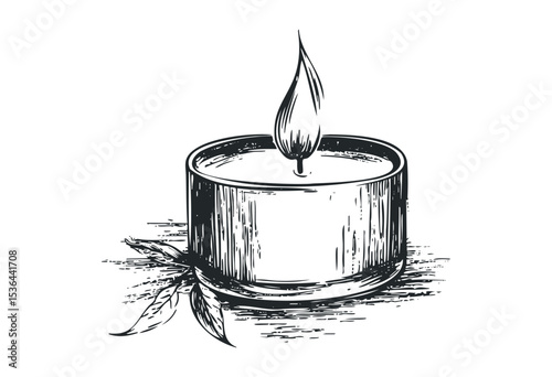 Sketched candle with flame and leaves. Vector retro hand drawn illustration