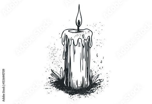 Detailed sketch of dripping candle with flame and grass. Vector retro hand drawn illustration